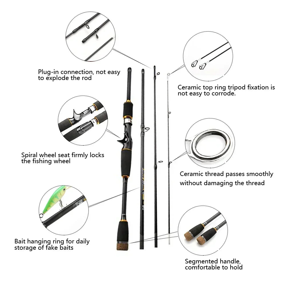 1pc 4-section Fishing Rod 1.8/2.1m Carbon Fiber Lure Fishing Rod ML Travel Spinner Baitcasting Pole Fishing Rods Poles Parts